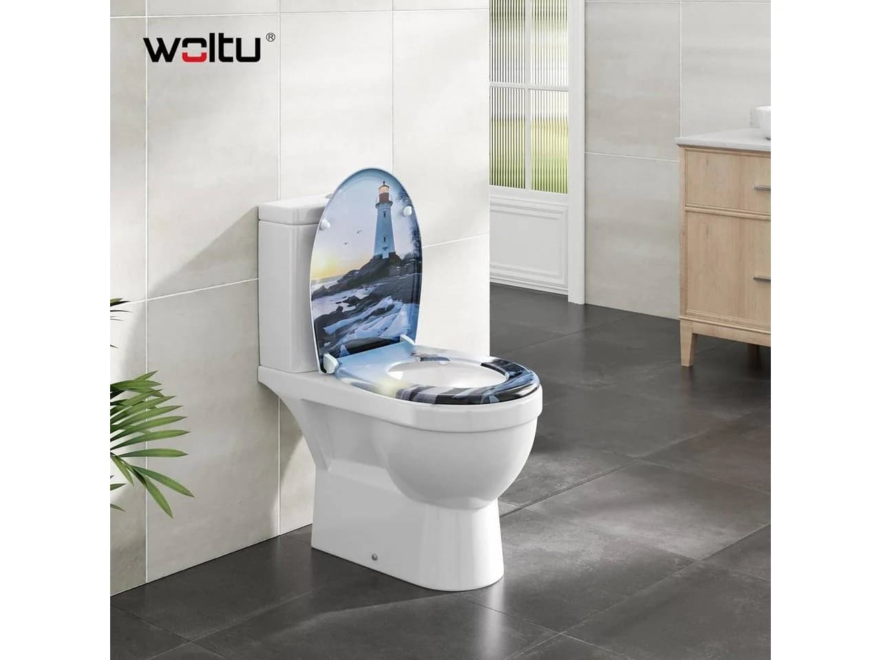 Woltu WC-Sitz O-Form mit Soft-Close und Quick Release Leuchtturm-Muster