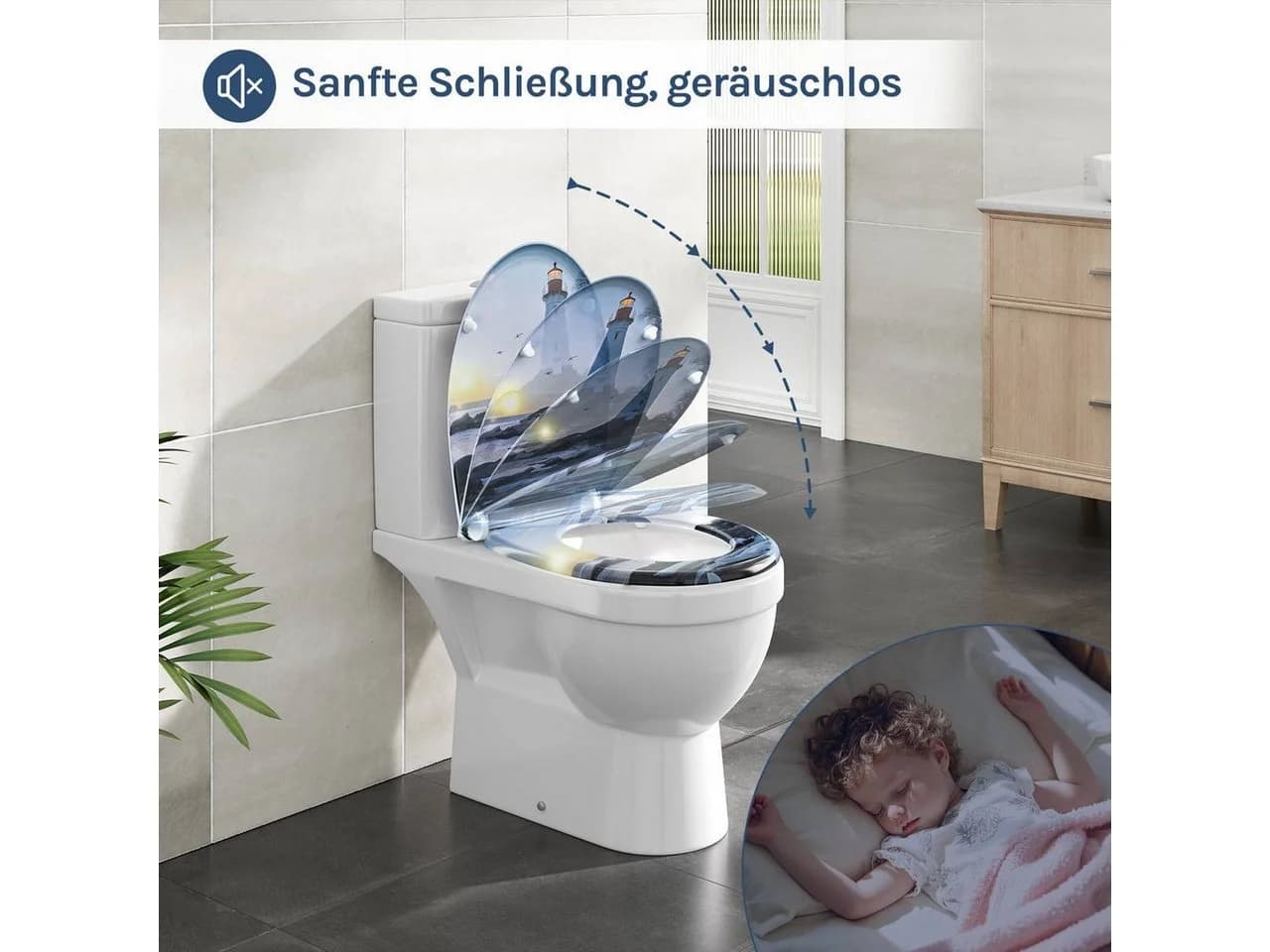Woltu WC-Sitz O-Form mit Soft-Close und Quick Release Leuchtturm-Muster - Bild 5