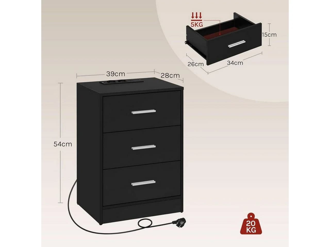 Woltu Nachttisch mit Ladestation 3 Schubladen Weiß/Schwarz Modern - Bild 3
