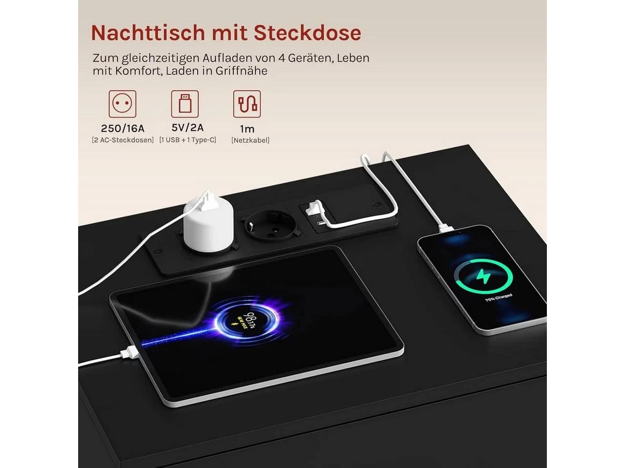 Woltu Nachttisch mit Ladestation 3 Schubladen Weiß/Schwarz Modern - Bild 5