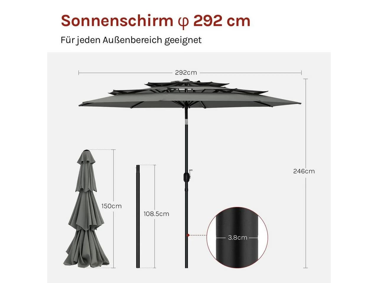 Woltu Sonnenschirm UV-Schutz UPF 50+ Dunkelgrau - Bild 3