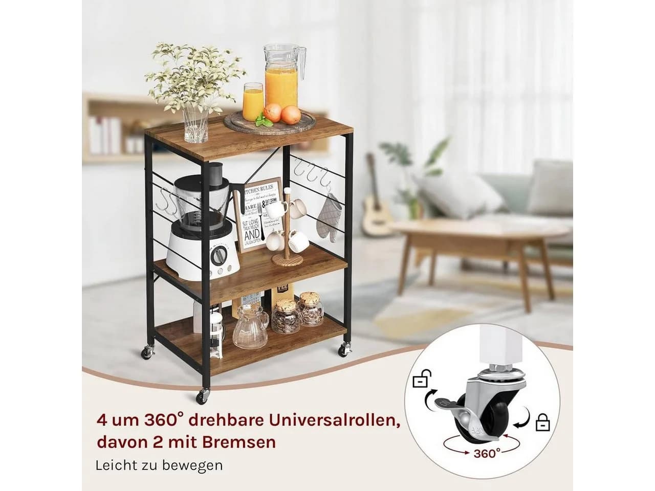 Woltu Küchenregal mit Rollen, 6 Ablagen, Metallrahmen, Braun/Schwarz - Bild 5
