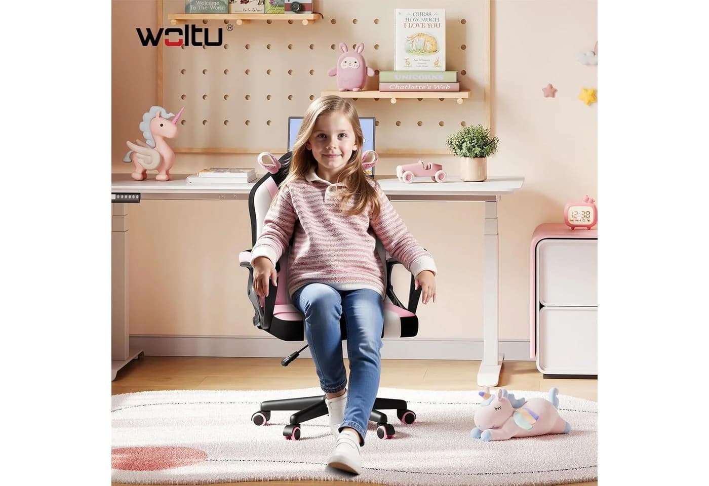 Woltu Gaming-Stuhl Kinder Rosa Ergonomisch mit Doppelten Radsätzen