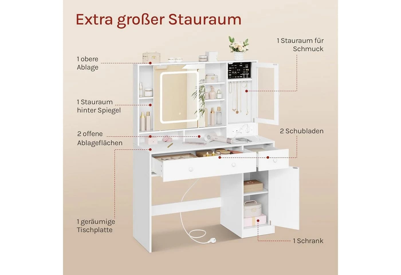 Woltu Schminktisch Weiß mit LED-Spiegel, Hocker und Steckdosen - Bild 4