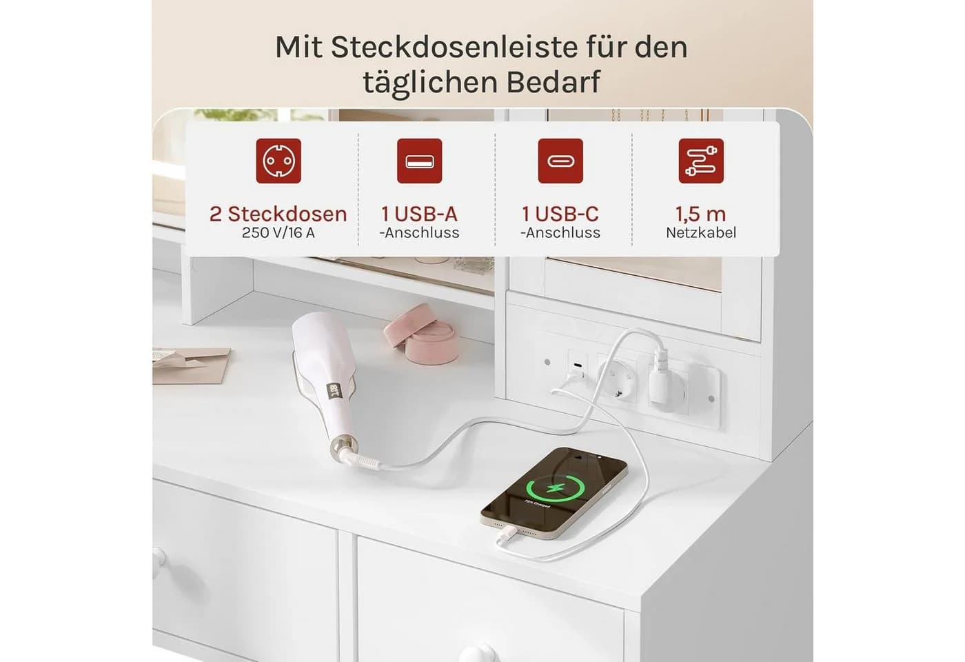 Woltu Schminktisch Weiß mit LED-Spiegel, Hocker und Steckdosen - Bild 5