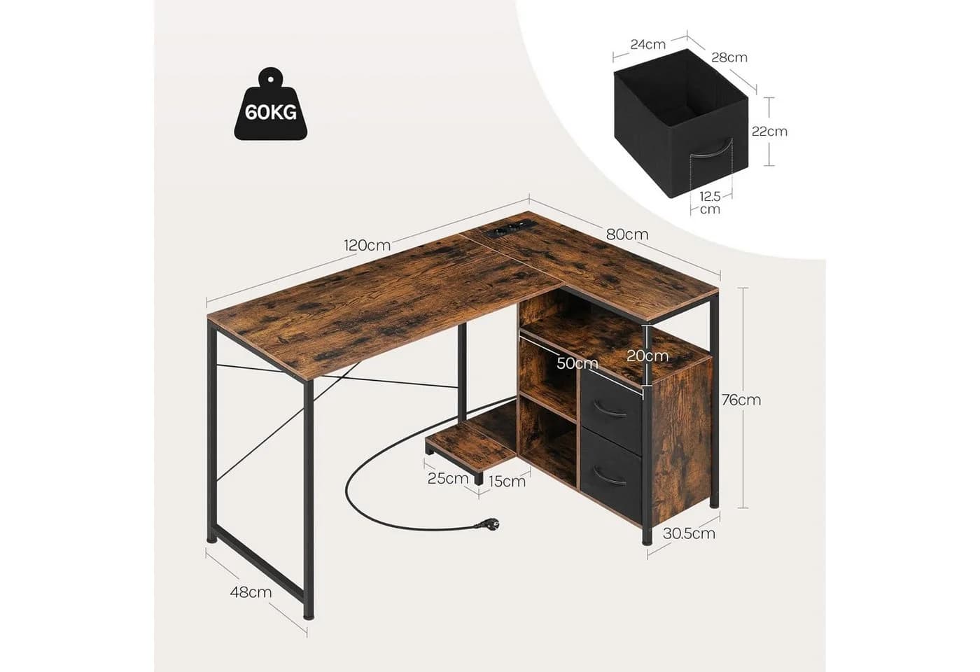 Woltu Schreibtisch Eckschreibtisch L-Form Gaming Tisch mit Regal umkehrbar 120x80 cm - Bild 3