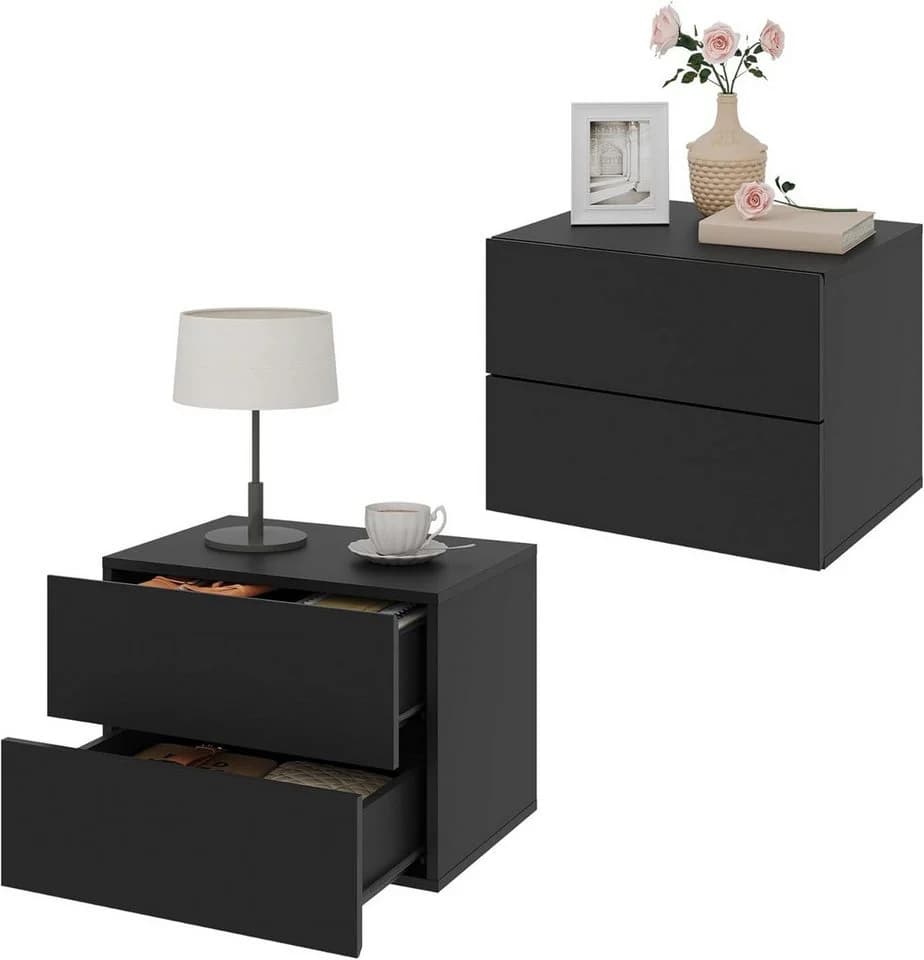 Woltu Nachttisch 2-St. Schwarz Wandregal Schlafzimmer Wohnzimmer - Bild 2