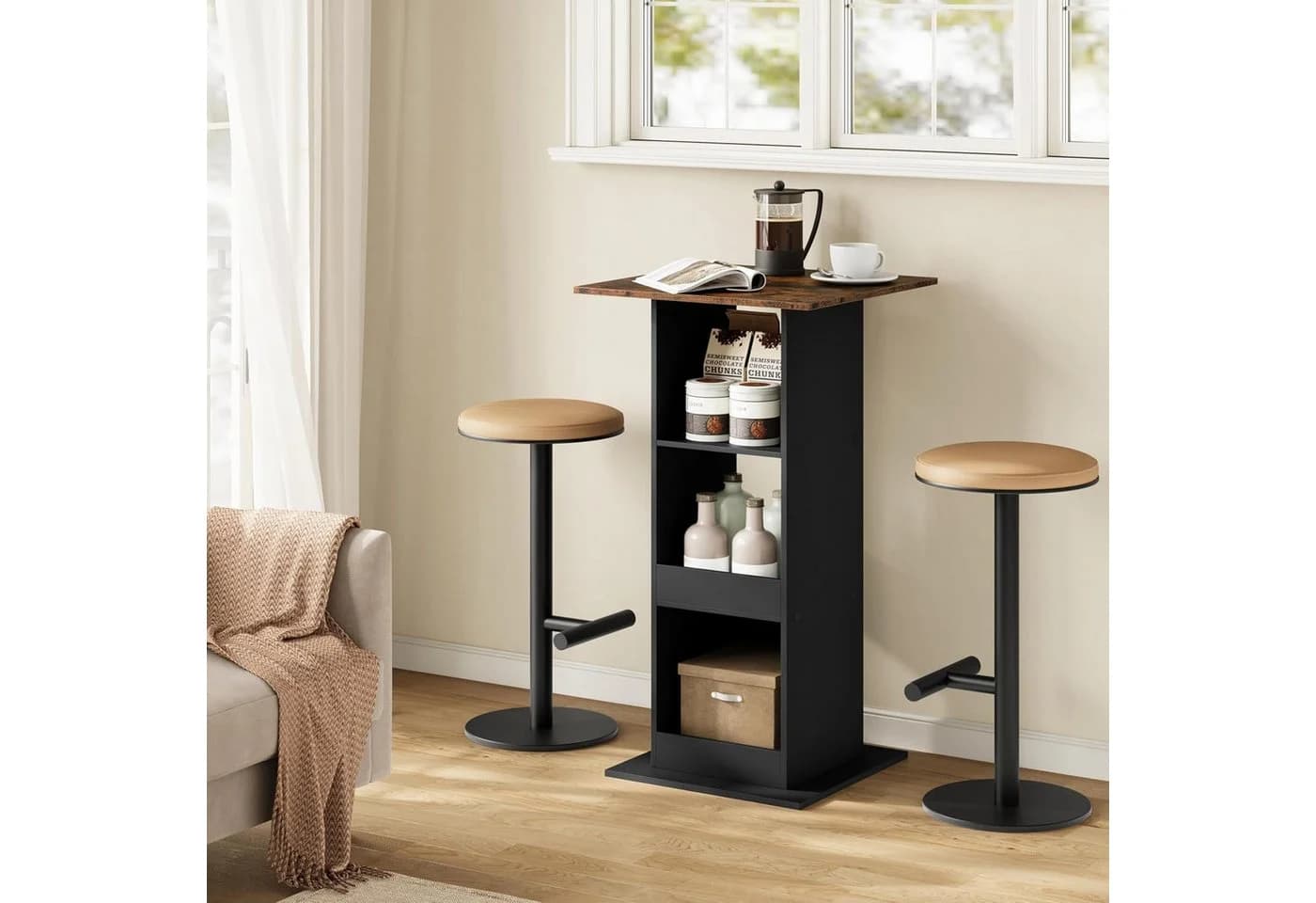 Woltu Bartisch Schwarz/Rustikales Braun mit 3 Regalfächern - Bild 4