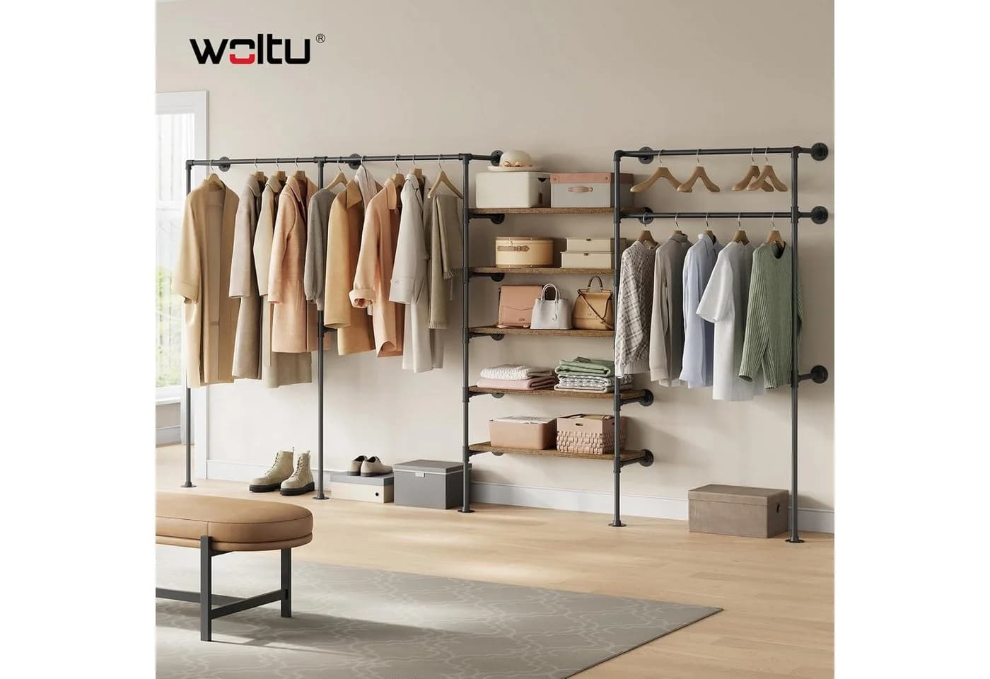 Woltu Kleiderständer Wandmontage Offener Kleiderschrank 5 Ablagen Industriell
