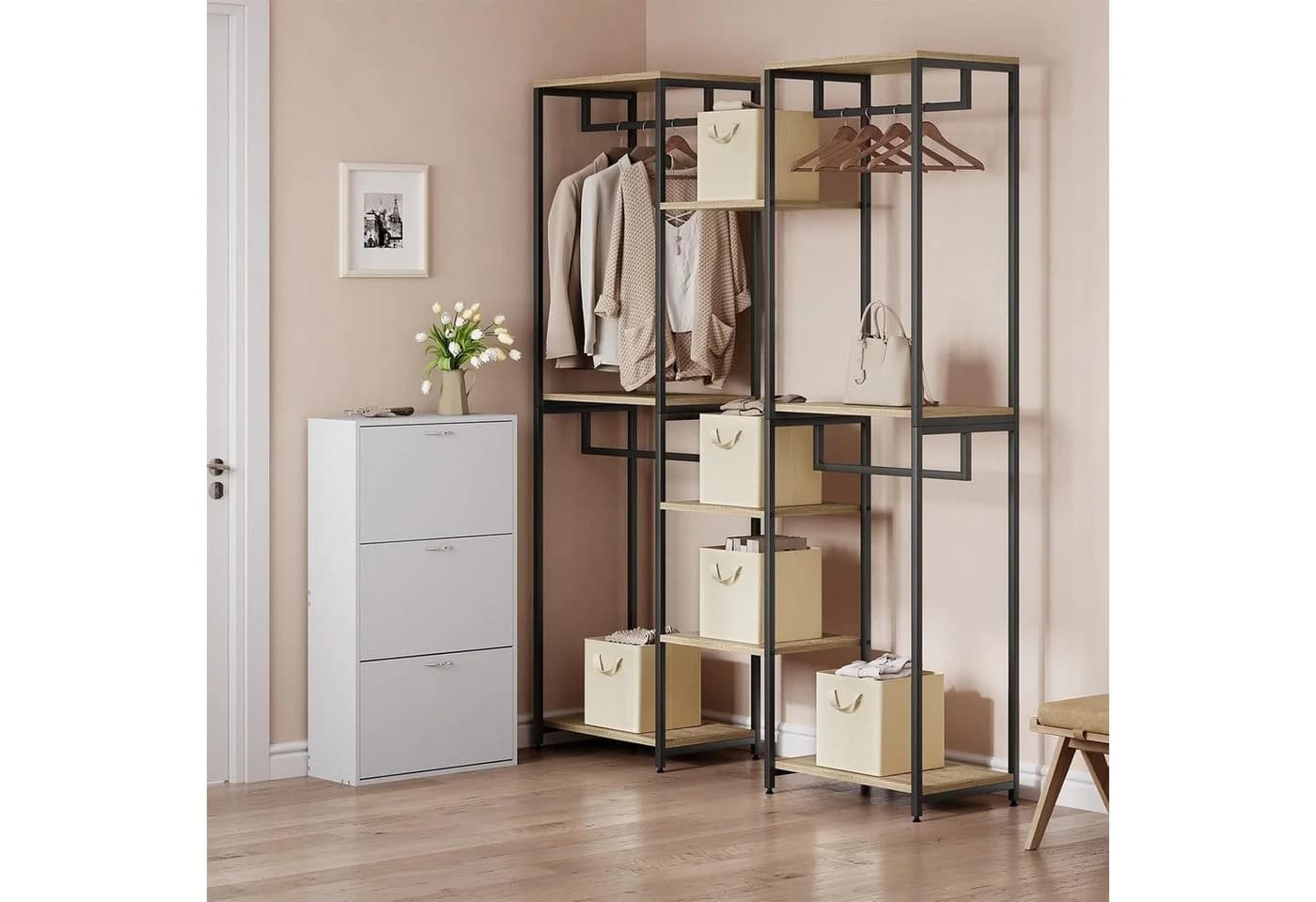 Woltu Aufbewahrungsbox 10-teilig Faltbar Stoff Metallrahmen Beige/Grau