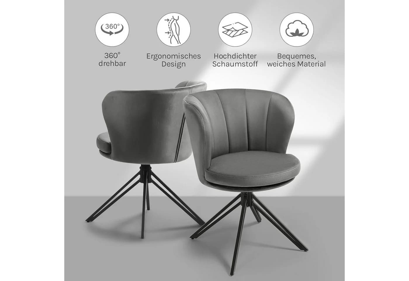 Woltu 4-Fußstuhl 2er Set Grau Samt 360° Drehbar mit Armlehne - Bild 5