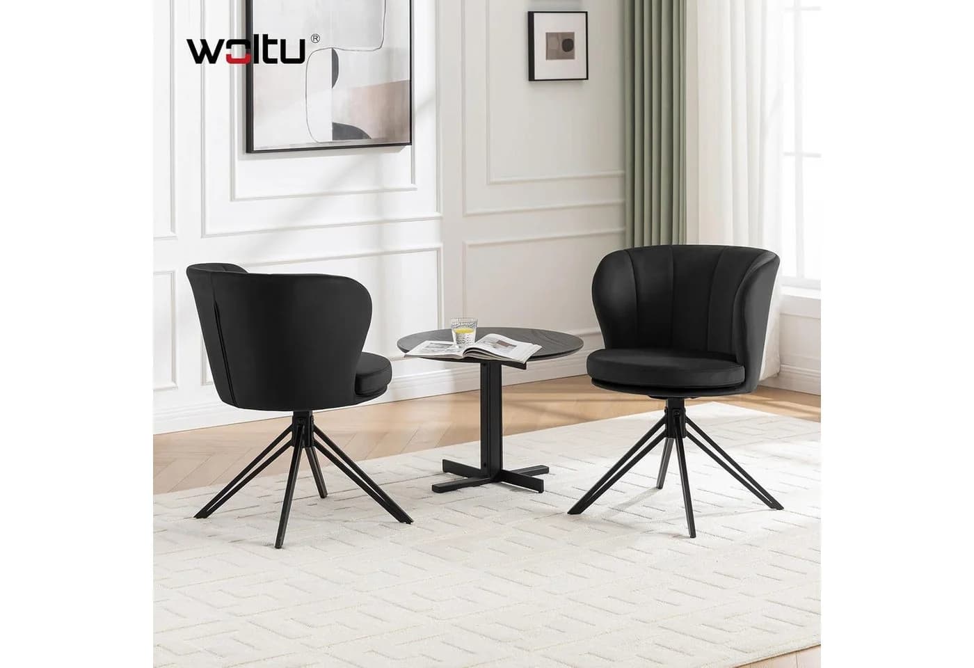Woltu Esszimmerstuhl 2er Set Schwarz Samt 360° Drehbar mit Armlehne - Bild 4