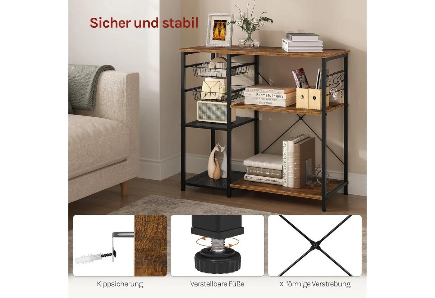 Woltu Küchenregal Industriestil Braun/Schwarz mit 2 Körben - Bild 5