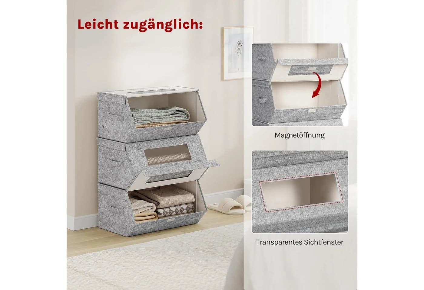 Woltu Aufbewahrungsbox 3er Set Grau Beige Stapelbar mit Magnetverschluss - Bild 4