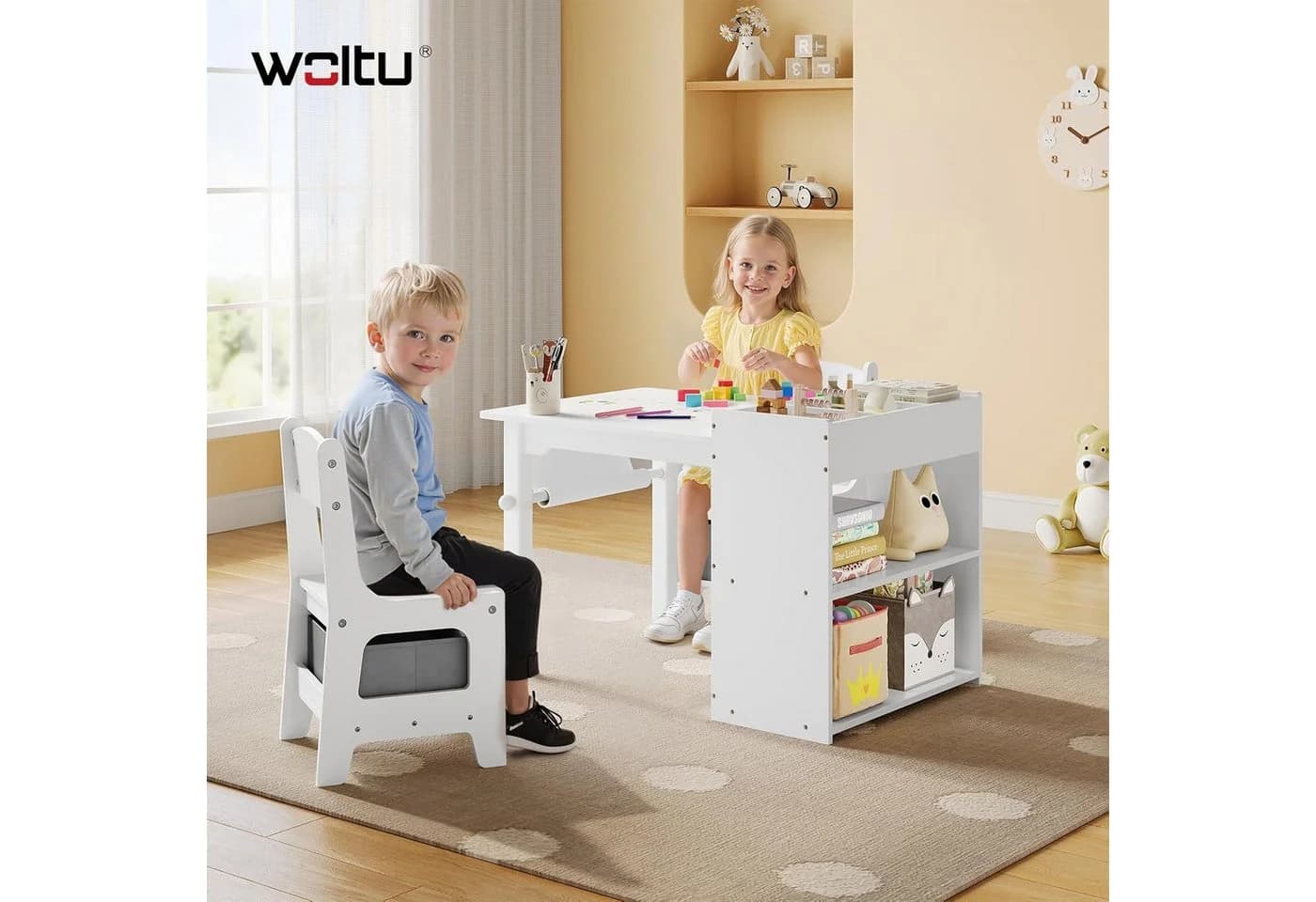 Woltu Kindertisch mit 2 Stühlen Weiß MDF Kiefernholz