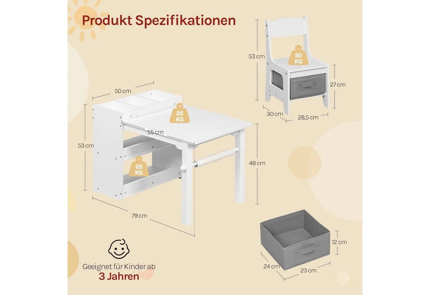 Woltu Kindertisch mit 2 Stühlen Weiß MDF Kiefernholz - Bild 3