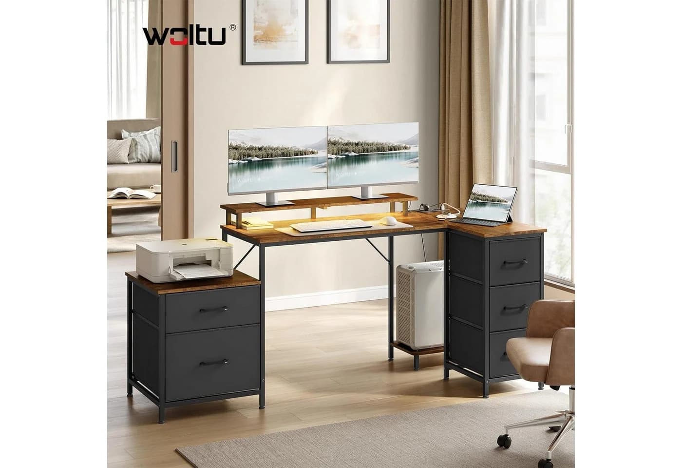 Woltu Eckschreibtisch L-Form Schwarz/Rustikales Braun mit Schubladen & LED