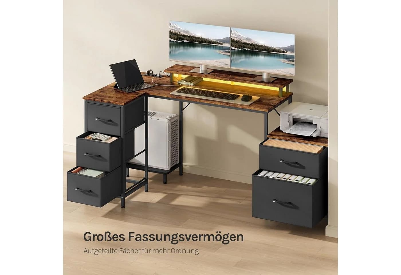 Woltu Eckschreibtisch L-Form Schwarz/Rustikales Braun mit Schubladen & LED - Bild 4