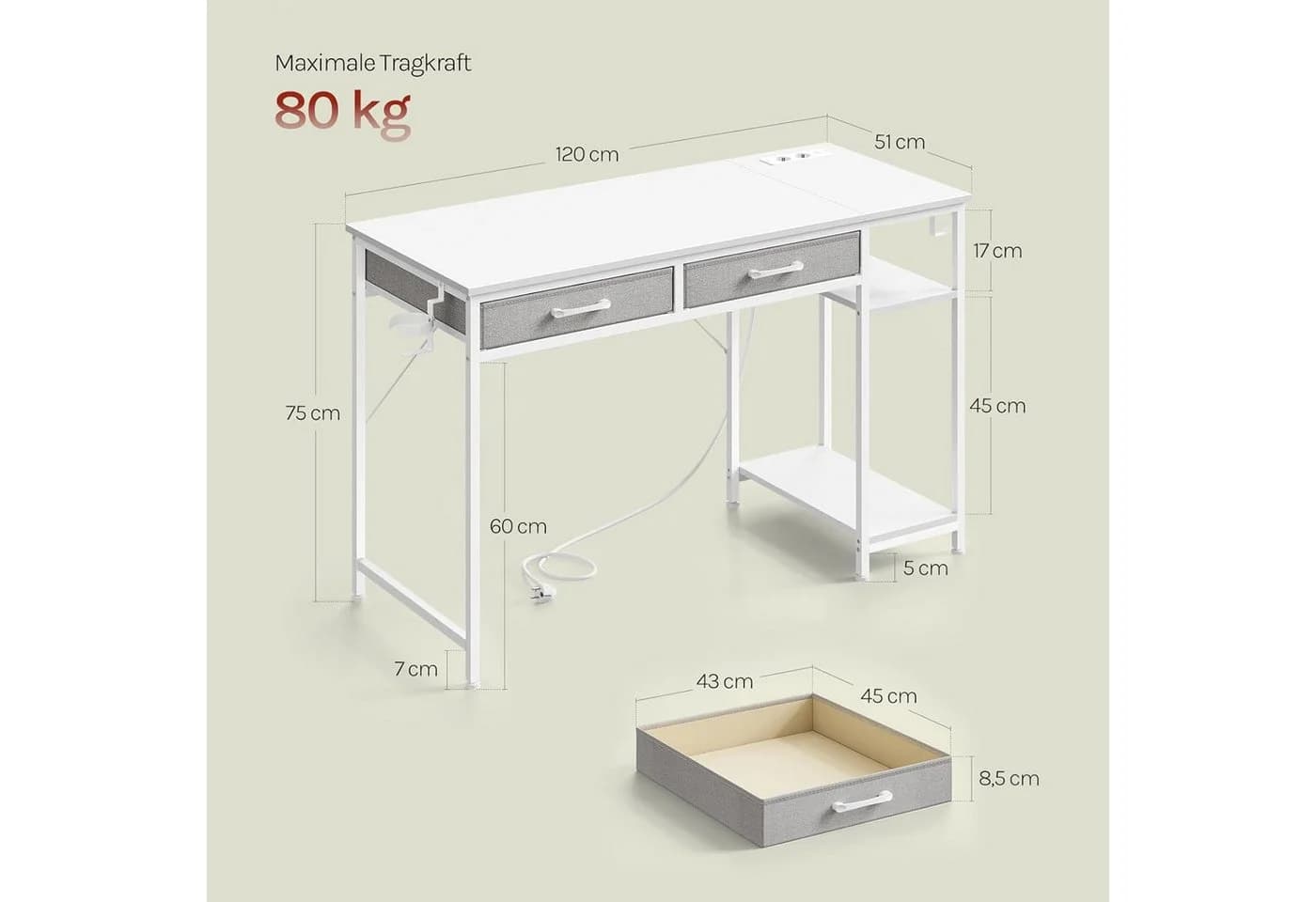 Woltu Schreibtisch mit 2 Schubladen & USB-Anschluss Weiß - Bild 3