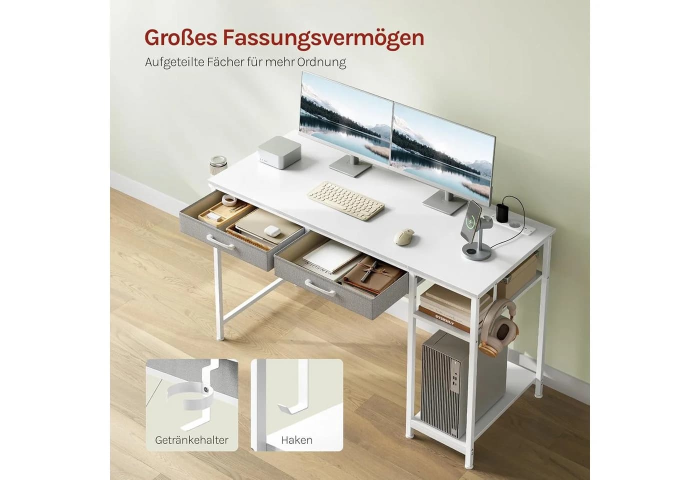 Woltu Schreibtisch mit 2 Schubladen & USB-Anschluss Weiß - Bild 5