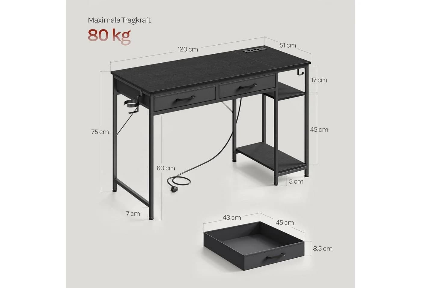 Woltu Schreibtisch mit 2 Schubladen & USB-Anschluss Schwarz - Bild 3