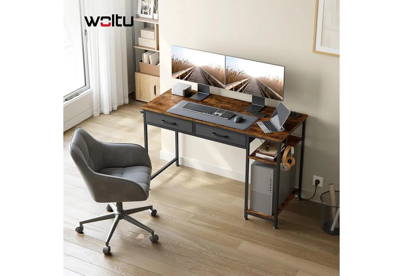 Woltu Schreibtisch 120cm mit Schubladen & USB-Anschluss Rustikal Braun