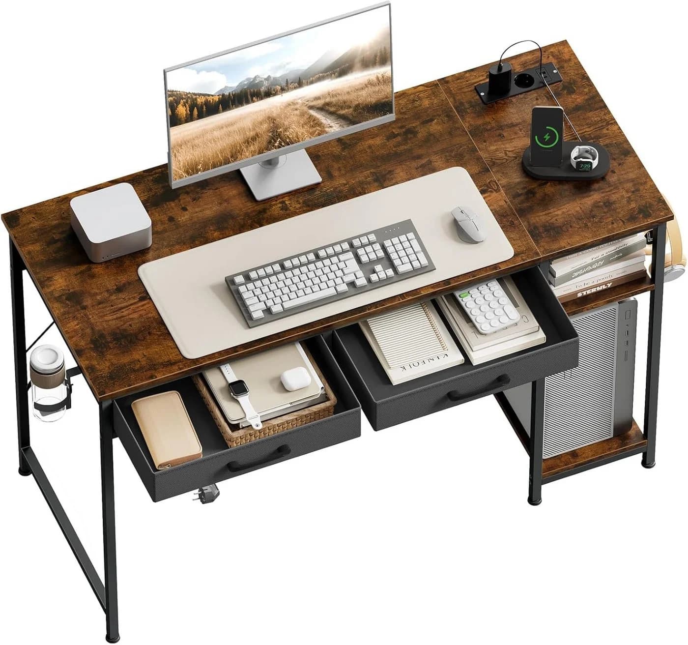 Woltu Schreibtisch 120cm mit Schubladen & USB-Anschluss Rustikal Braun - Bild 2