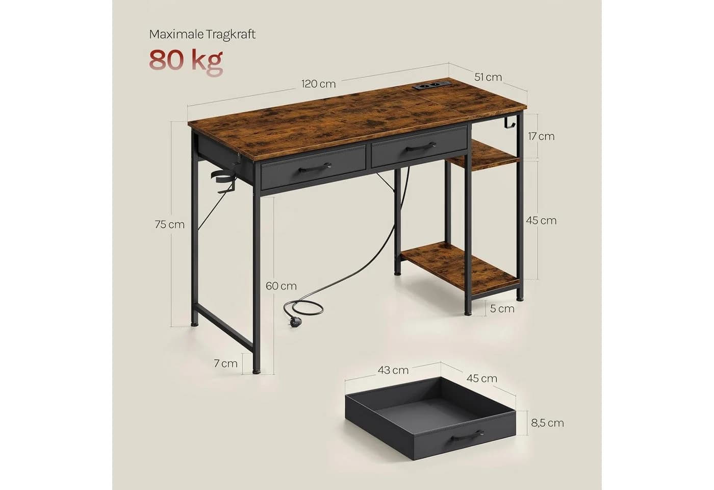 Woltu Schreibtisch 120cm mit Schubladen & USB-Anschluss Rustikal Braun - Bild 3