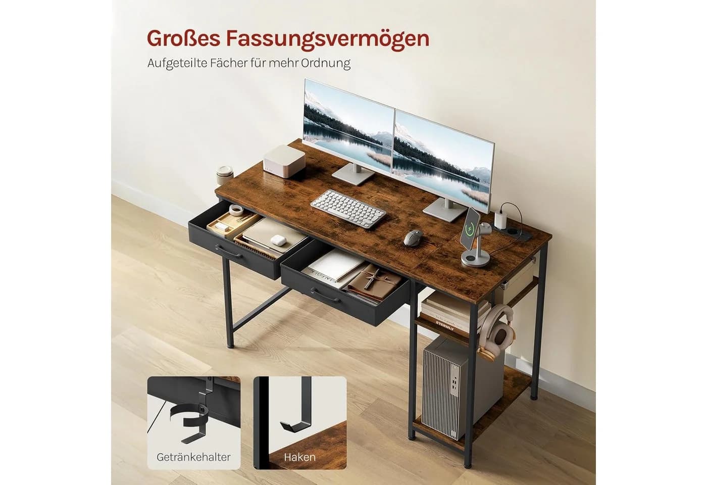 Woltu Schreibtisch 120cm mit Schubladen & USB-Anschluss Rustikal Braun - Bild 5