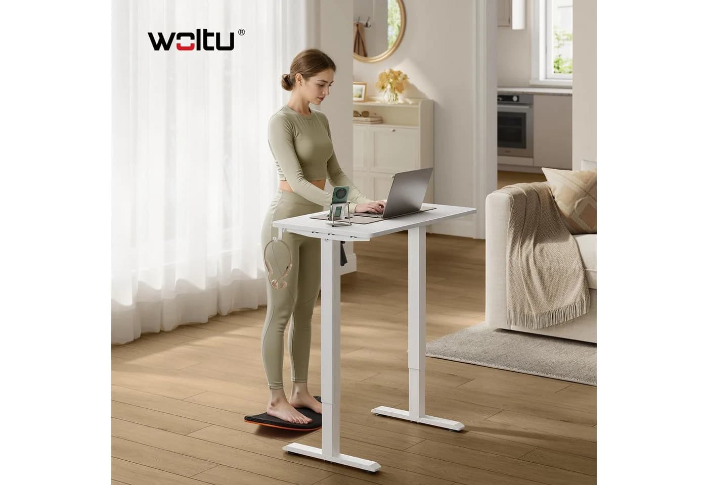 Woltu Höhenverstellbarer Schreibtisch Weiß/Schwarz mit Memory-Funktion