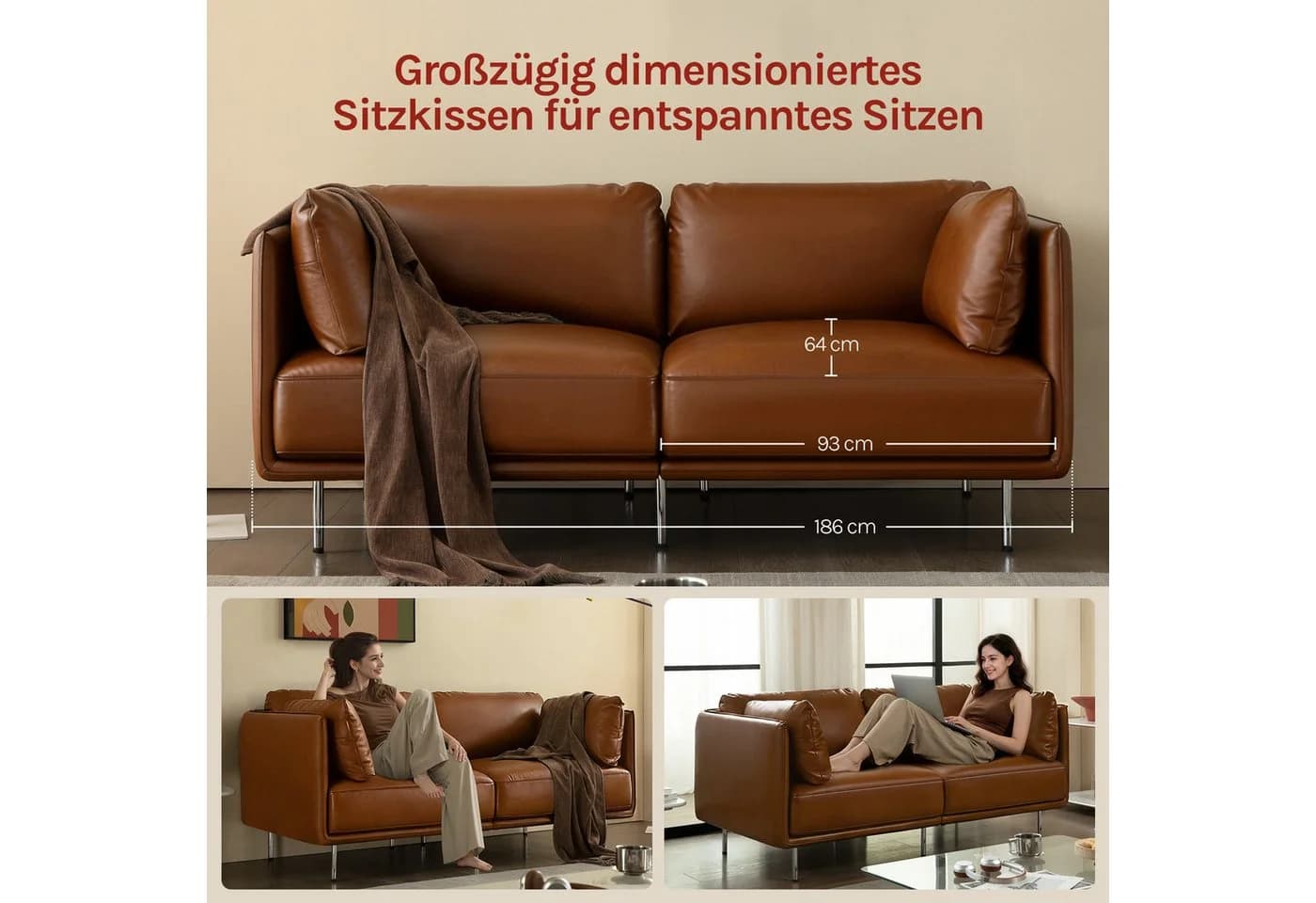 Woltu Sofa aus Leder im Bauhaus-Stil mit 18 cm hohen Füßen - Bild 4