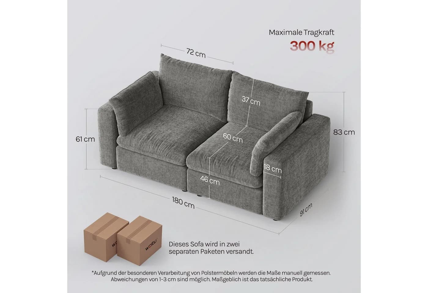 Woltu 2-Sitzer Sofa Chenille Bezug abnehmbar Sandgrau/Weiß - Bild 3