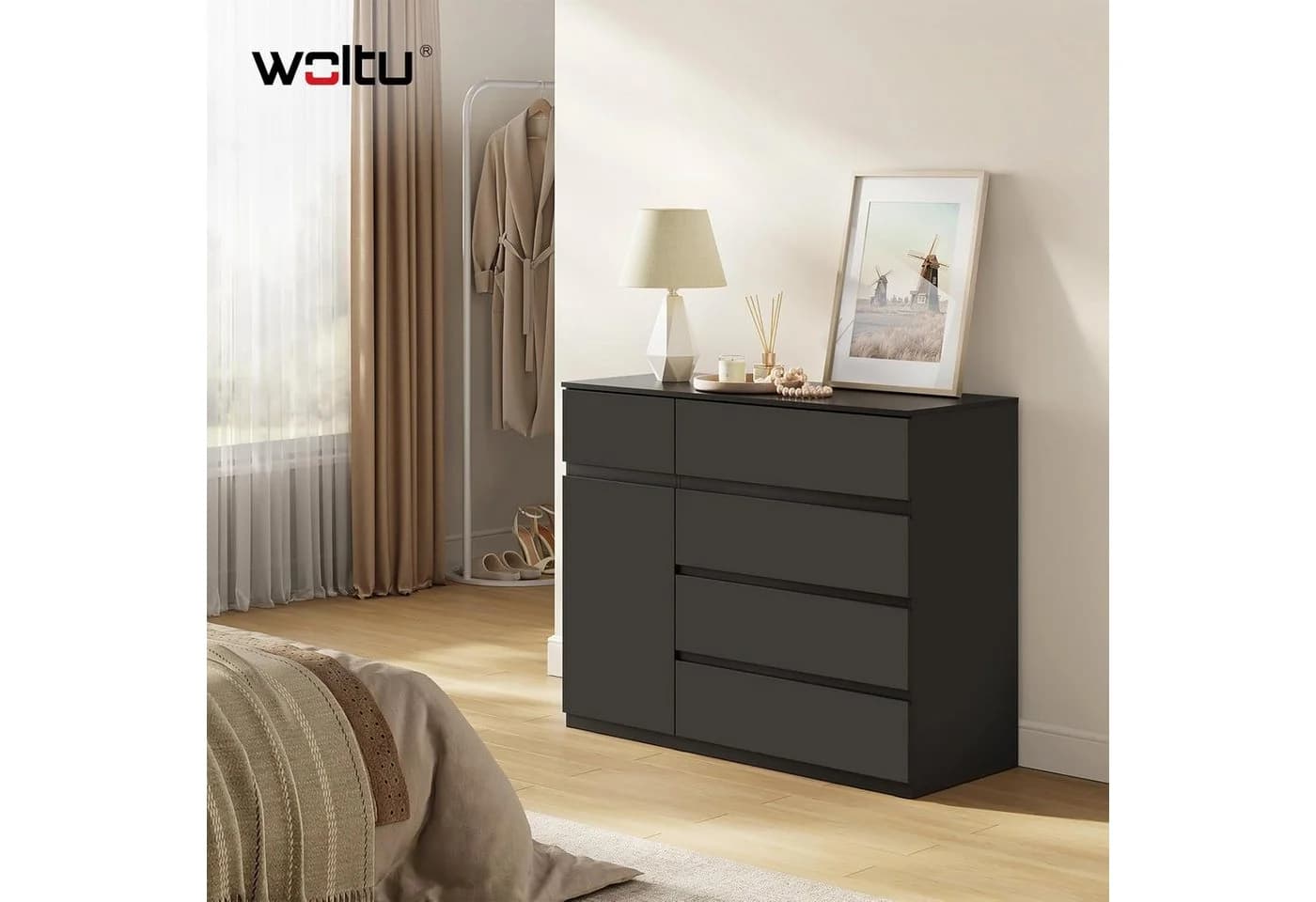Woltu Kommode Modern 5 Schubladen Schwarz/Weiß