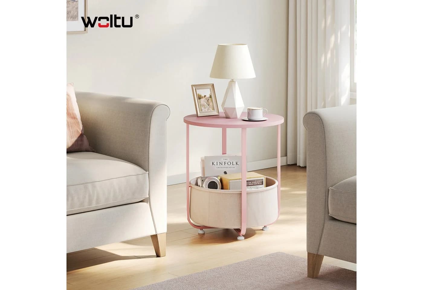 Woltu Beistelltisch mit Stoffkorb Beige/Rosa