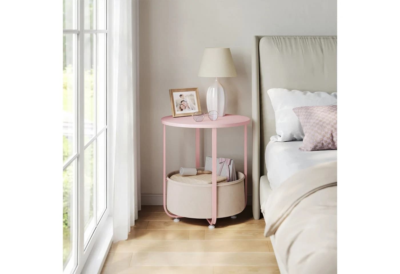 Woltu Beistelltisch mit Stoffkorb Beige/Rosa - Bild 4