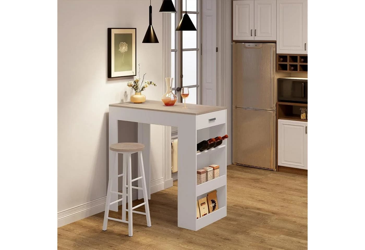 Woltu Bartisch Weiß/Holzoptik mit Weinregal & Schublade