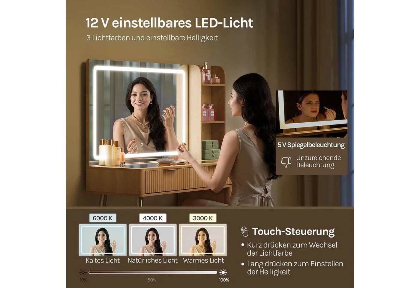 Woltu Schminktisch Modern mit LED-Spiegel und Steckdosenleiste Gelbe Holzoptik