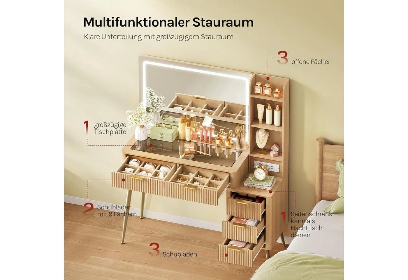 Woltu Schminktisch Modern mit LED-Spiegel und Steckdosenleiste Gelbe Holzoptik - Bild 4