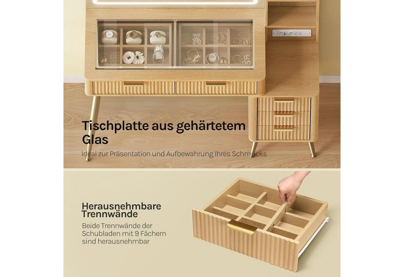 Woltu Schminktisch Modern mit LED-Spiegel und Steckdosenleiste Gelbe Holzoptik - Bild 5