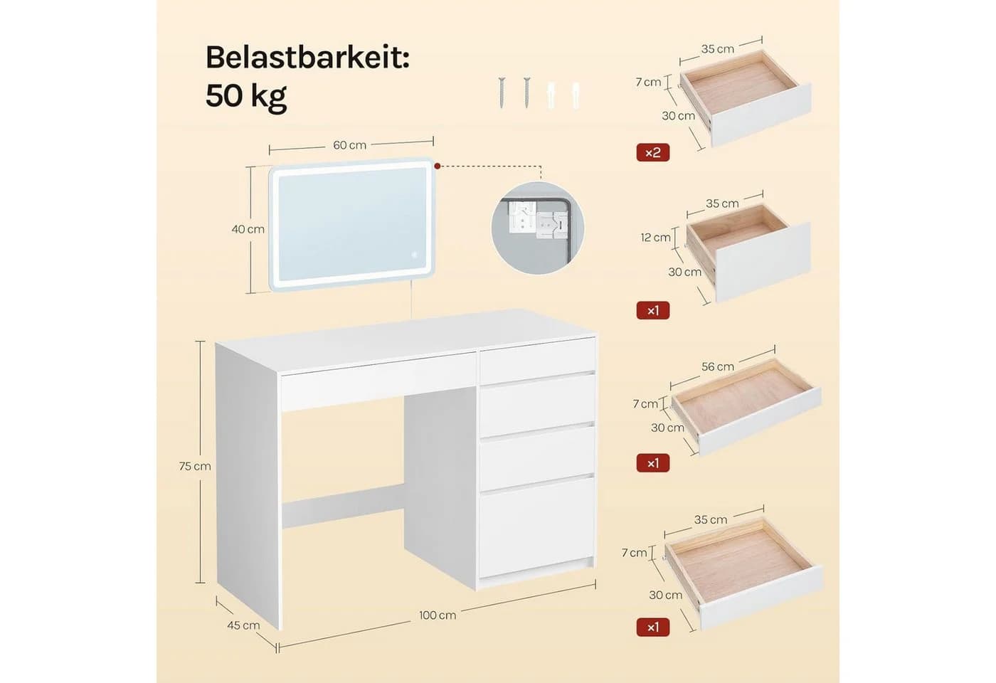 Woltu Schminktisch Weiß mit LED-Spiegel und 5 Schubladen - Bild 3