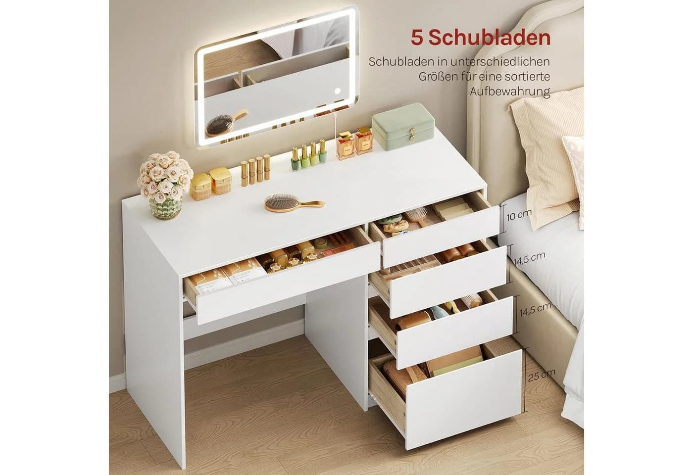 Woltu Schminktisch Weiß mit LED-Spiegel und 5 Schubladen - Bild 4