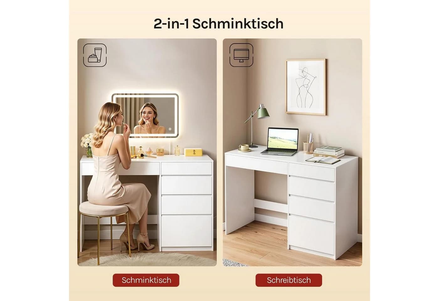 Woltu Schminktisch Weiß mit LED-Spiegel und 5 Schubladen - Bild 5