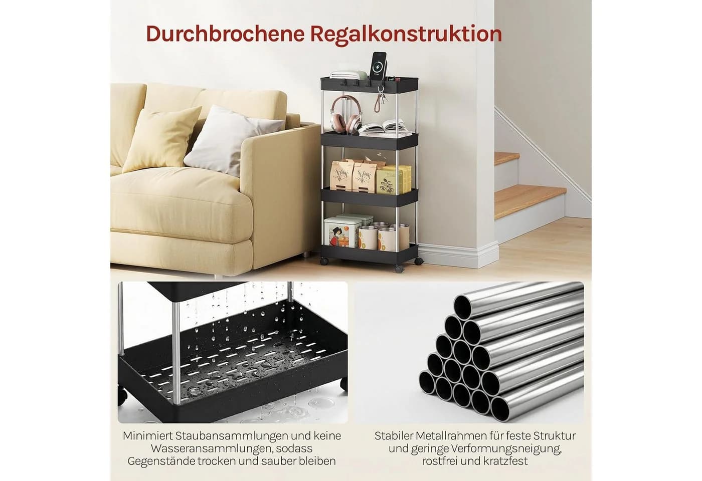 Woltu Rollwagen 4 Ebenen Schwarz/Weiß Kunststoff Metall - Bild 4