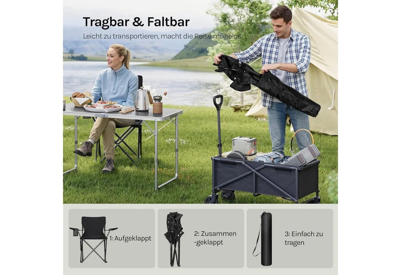 Woltu Campingstuhl 2er-Set Klappbar Schwarz Grau Blau - Bild 5