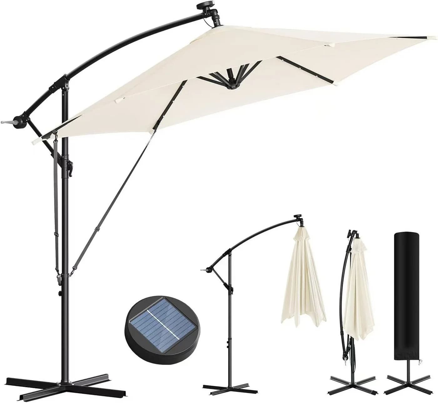 Woltu Sonnenschirm mit Solar-LED-Beleuchtung, 360° drehbar, Beige/Grau - Bild 2