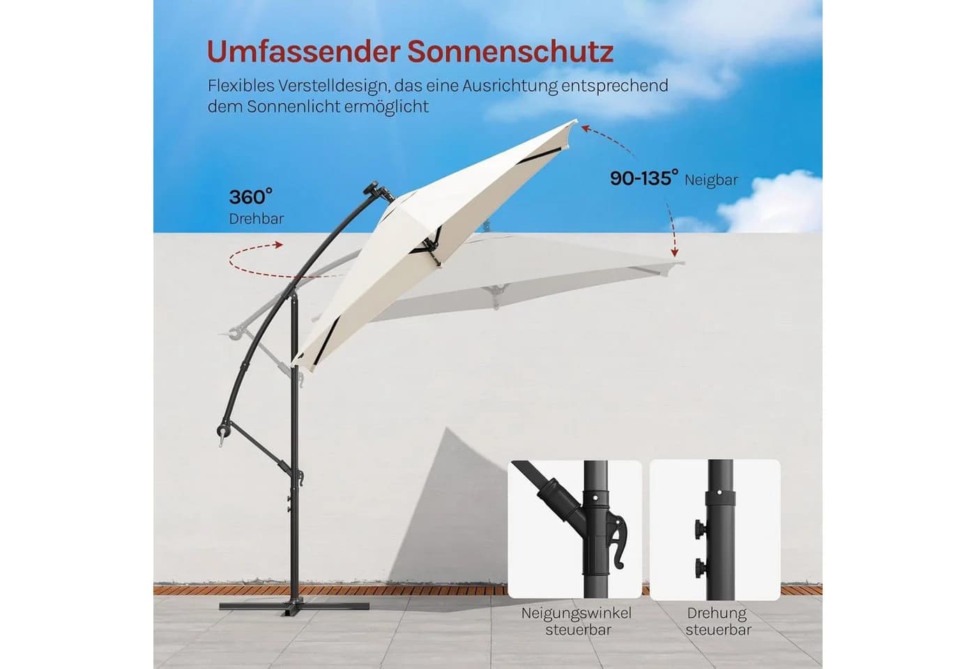 Woltu Sonnenschirm mit Solar-LED-Beleuchtung, 360° drehbar, Beige/Grau - Bild 3