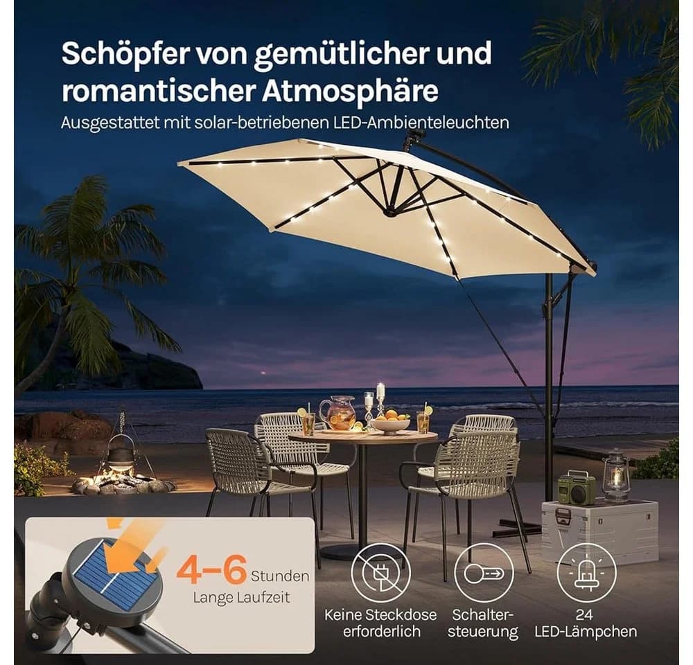 Woltu Sonnenschirm mit Solar-LED-Beleuchtung, 360° drehbar, Beige/Grau - Bild 4