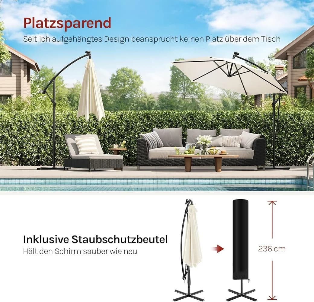 Woltu Sonnenschirm mit Solar-LED-Beleuchtung, 360° drehbar, Beige/Grau - Bild 5
