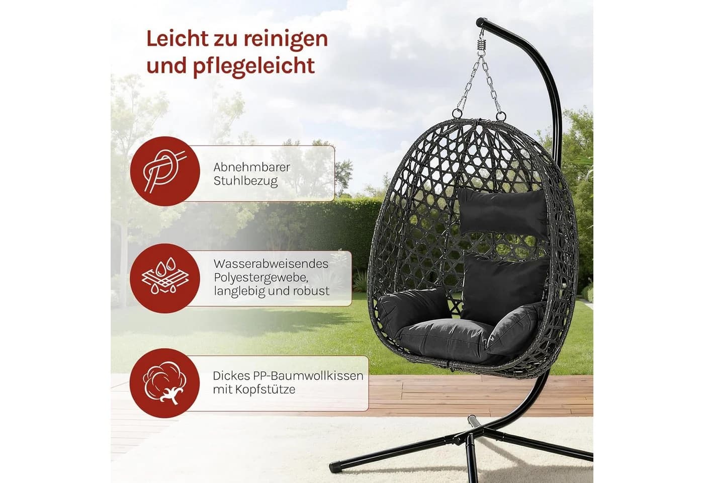 Woltu Hängesessel Schwarz/Grau mit Kissen Kopfstütze 150kg - Bild 4