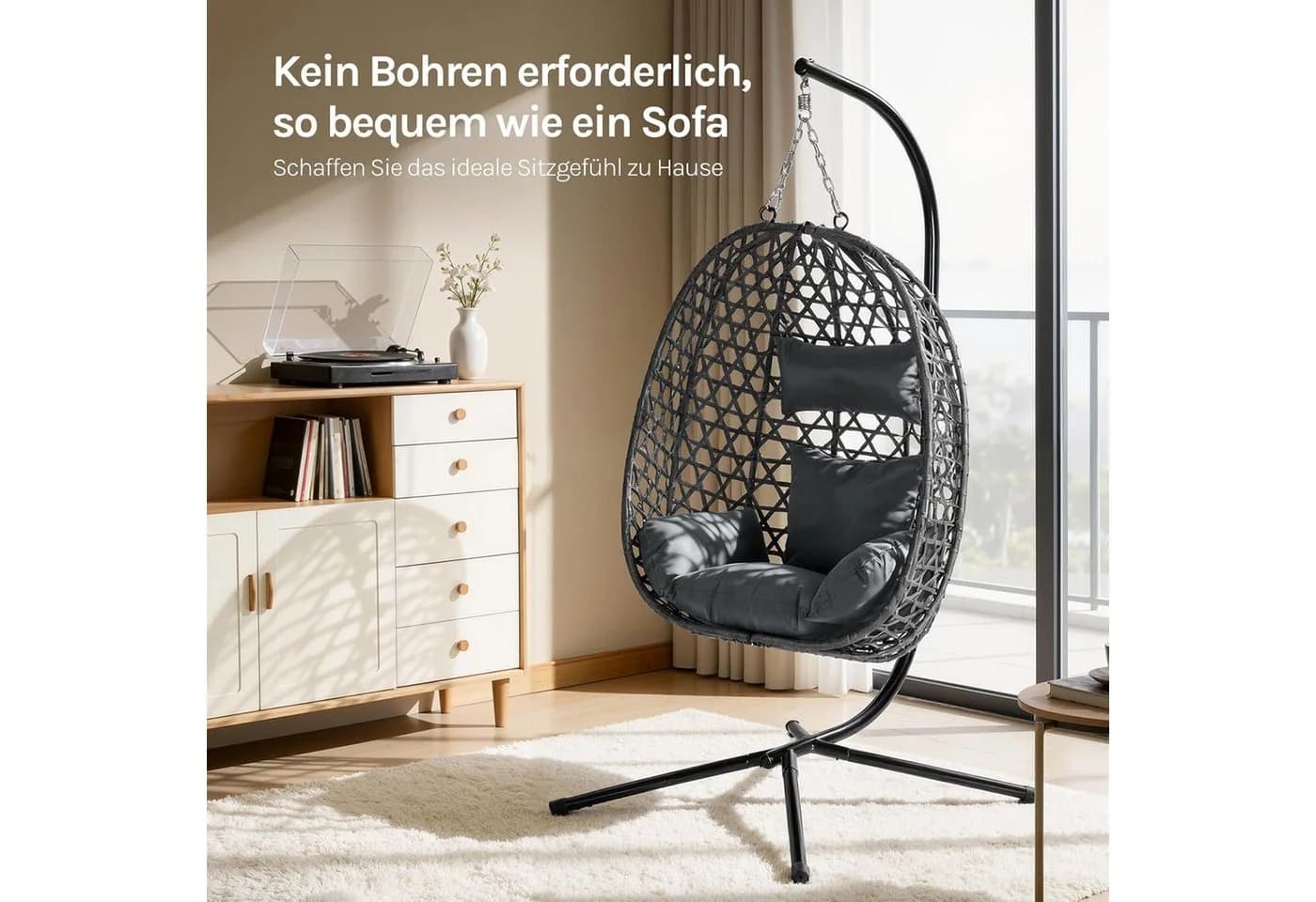 Woltu Hängesessel Grau Schwarz mit Kissen und Kopfstütze